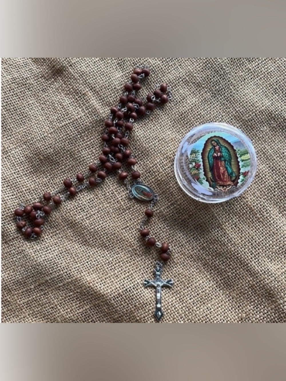 Virgin Mary rosary wooden catholic necklace New with box New NIB